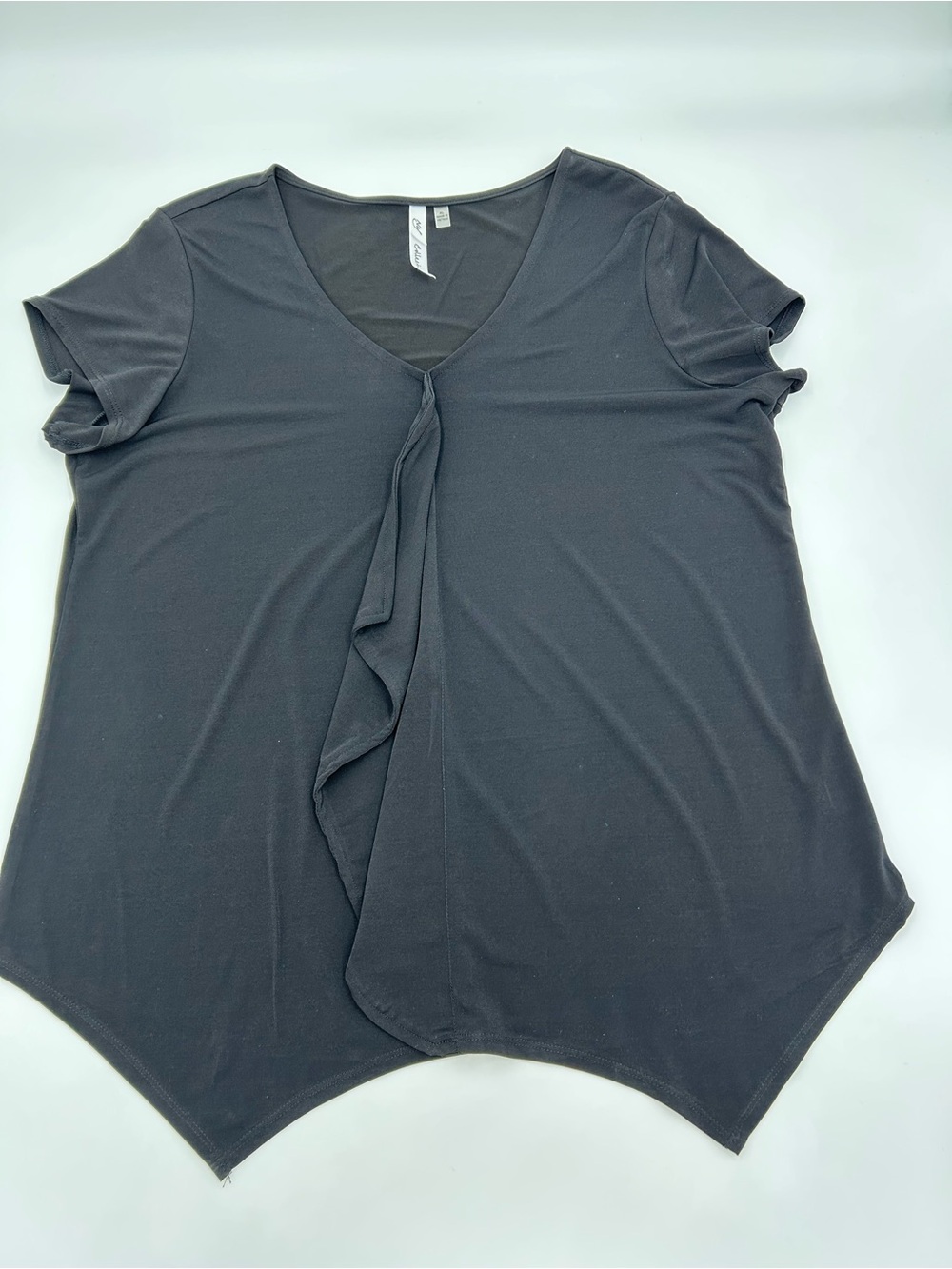 NY Collection Black Short Sleeve V-Neck Ruffle Front Top XL